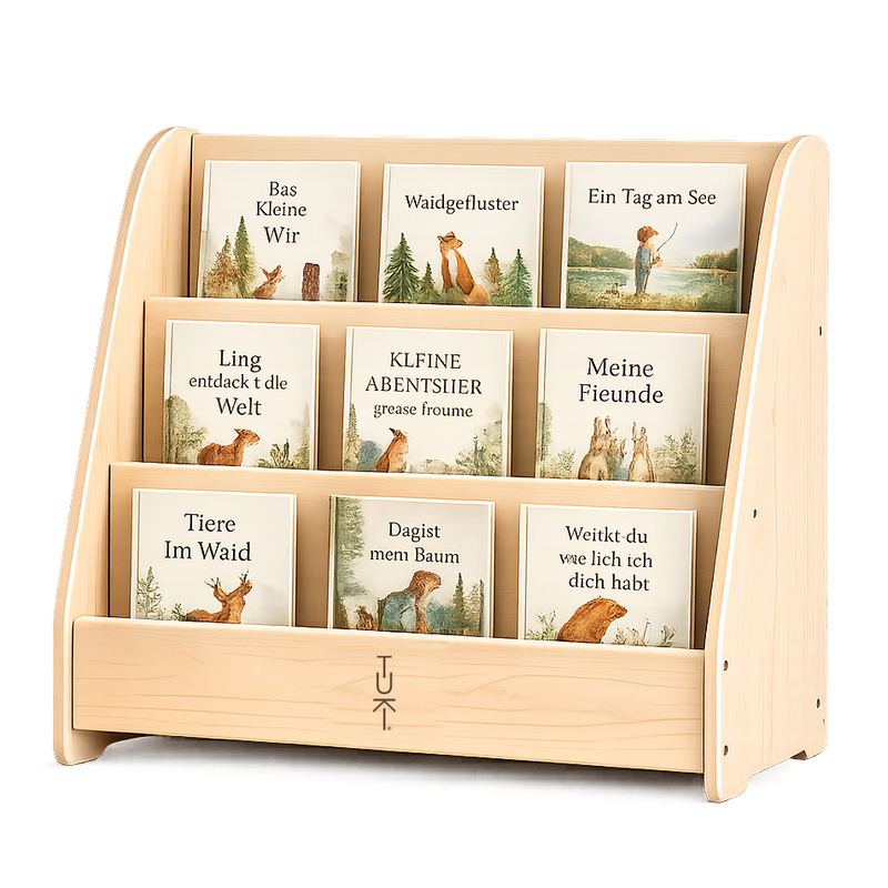 Tuki Montessori Bookshelf – front-facing bookshelf made of birch wood with three rows at child height