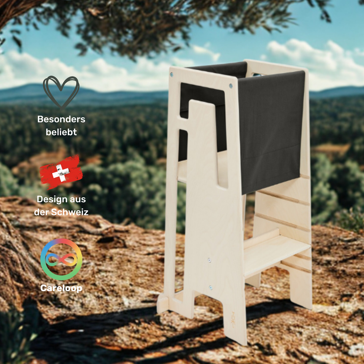 Tuki Starter Cloth Dark Olive on the Learning Tower – safe use from 9 months