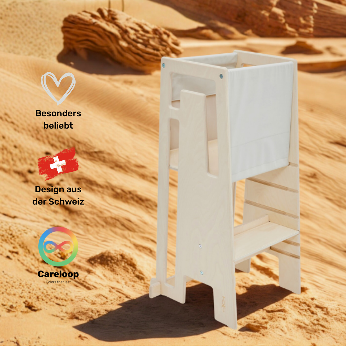Tuki Starter Cloth Sand on the Learning Tower – safe use from 9 months