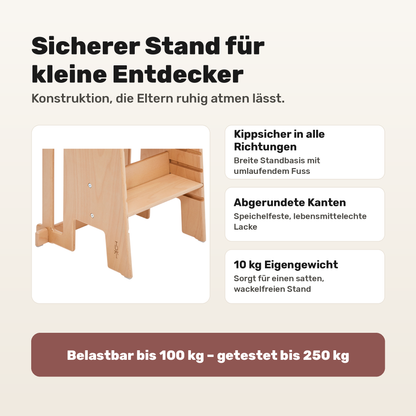 Tuki Lernturm Nature: kippsichere Standbasis, abgerundete Kanten, belastbar bis 100 kg