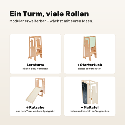 Tuki Lernturm Nature modular erweiterbar mit Startertuch, Rutsche und Maltafel