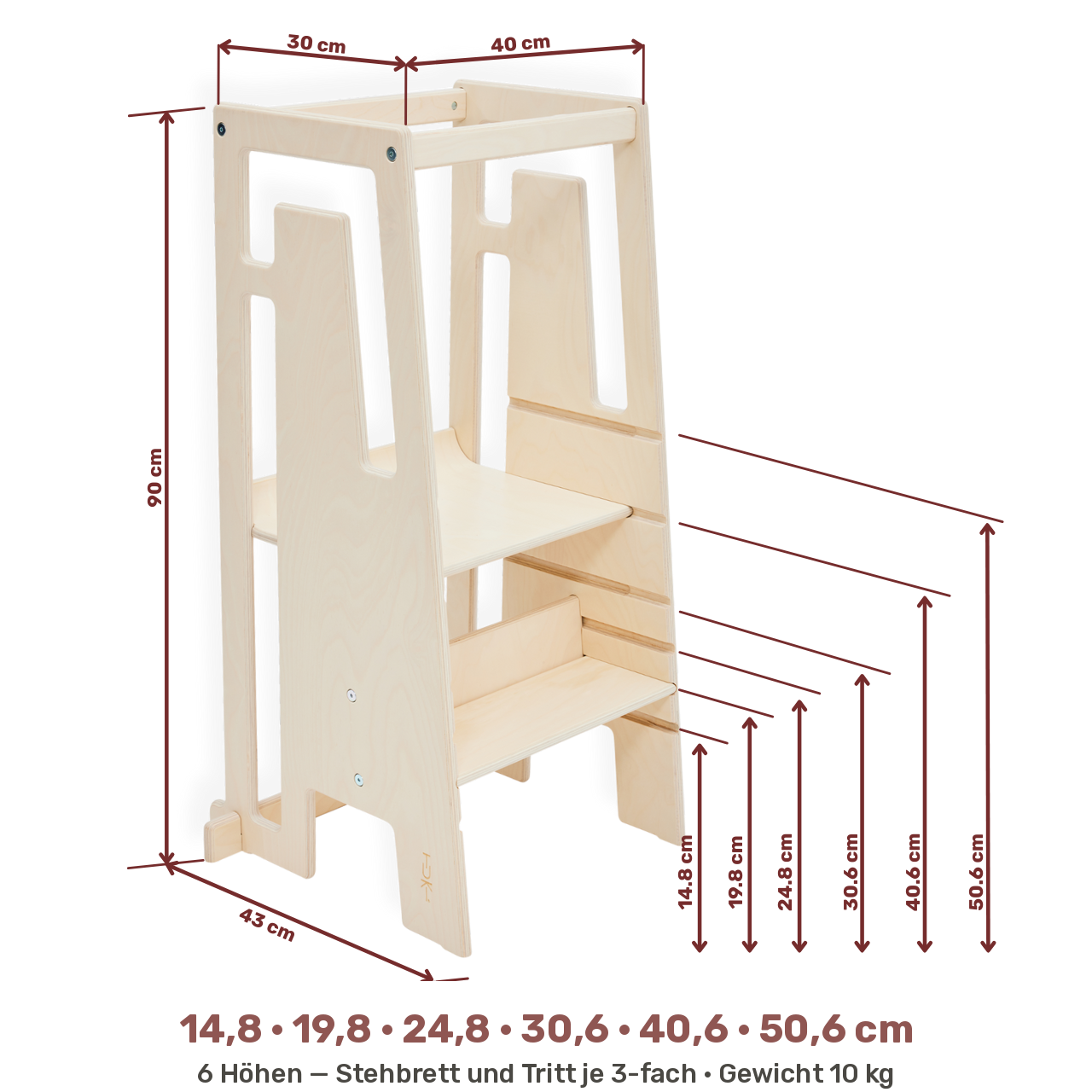 Tuki Lernturm Masse: 90 cm hoch, 50 cm breit, 43 cm tief, sechs Hoehenpositionen von 14,8 bis 50,6 cm