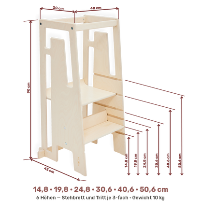 Tuki Lernturm Masse: 90 cm hoch, 50 cm breit, 43 cm tief, sechs Hoehenpositionen von 14,8 bis 50,6 cm