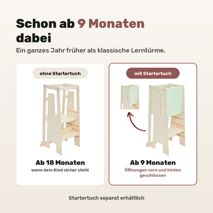 Tuki Lernturm Arctic Birch mit und ohne Startertuch: nutzbar ab 9 statt erst ab 18 Monaten