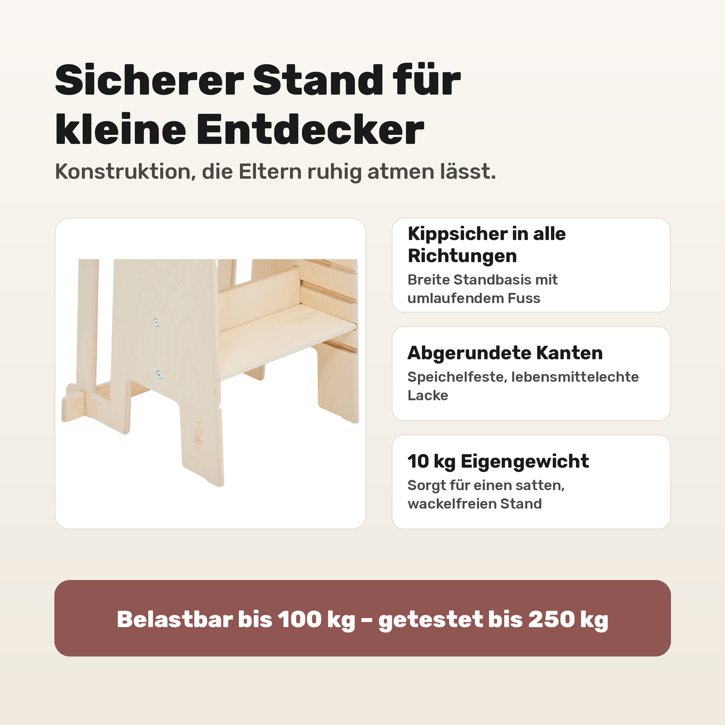 Tuki Lernturm Arctic Birch: kippsichere Standbasis, abgerundete Kanten, belastbar bis 100 kg