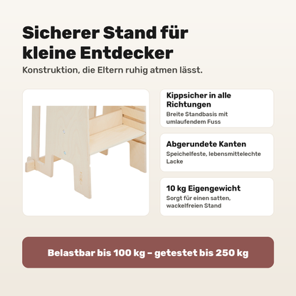 Tuki Lernturm Arctic Birch: kippsichere Standbasis, abgerundete Kanten, belastbar bis 100 kg