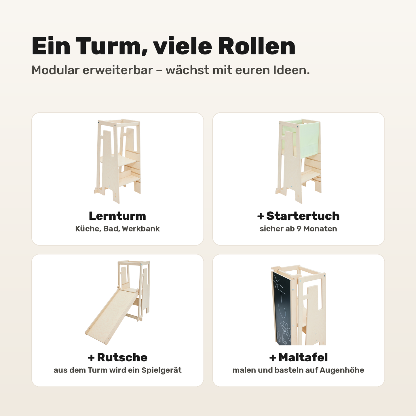Tuki Lernturm Arctic Birch modular erweiterbar mit Startertuch, Rutsche und Maltafel