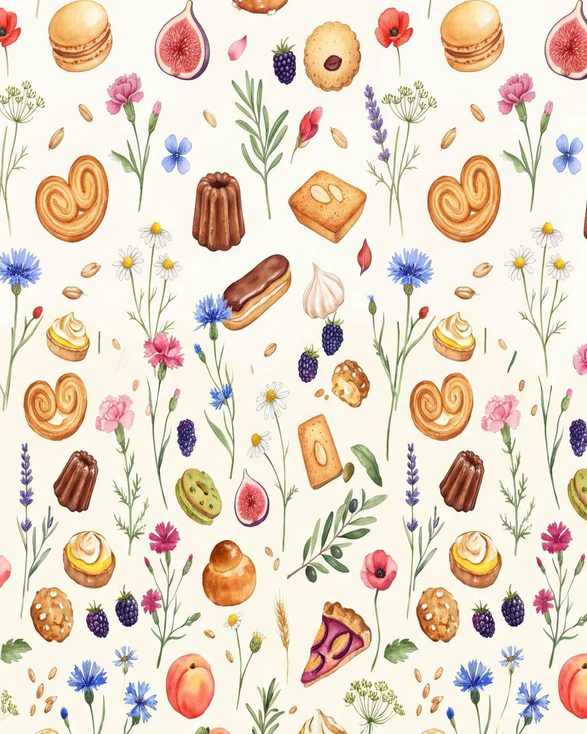Aquarell-Print des Startertuchs Noëmie Honiat Edition mit Pâtisserie, Früchten und Wiesenblumen