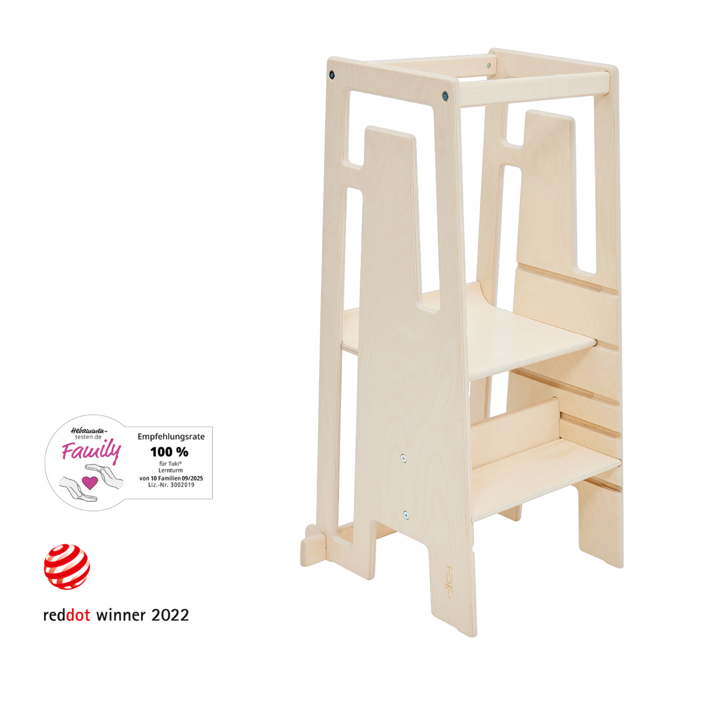 Tuki Lernturm Arctic Birch aus hellem Birkenholz, Red Dot Design Award und 100 Prozent Hebammen-Empfehlung