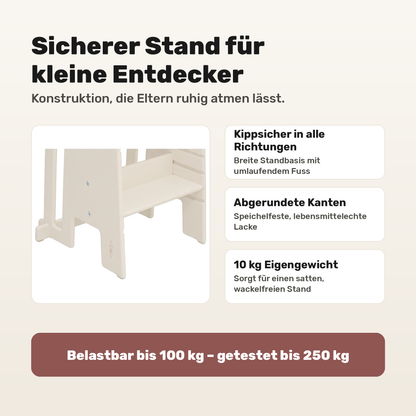 Tuki Lernturm Vanilla White: kippsichere Standbasis, abgerundete Kanten, belastbar bis 100 kg