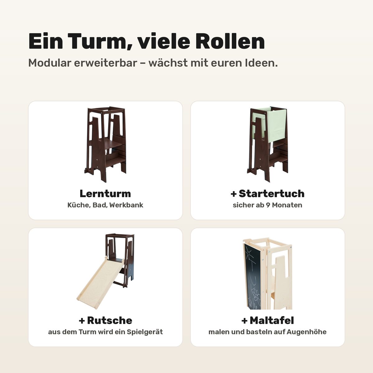 Tuki Lernturm Espresso modular erweiterbar mit Startertuch, Rutsche und Maltafel