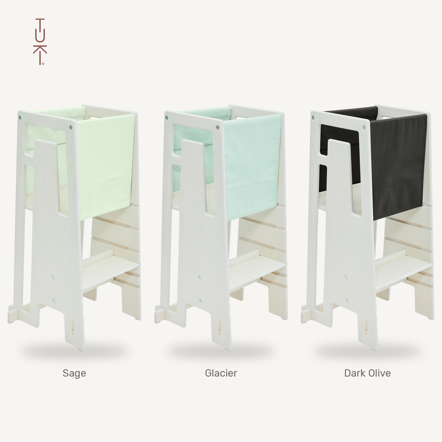 Tuki Startertuch Trio: Sage, Glacier und Dark Olive am Lernturm