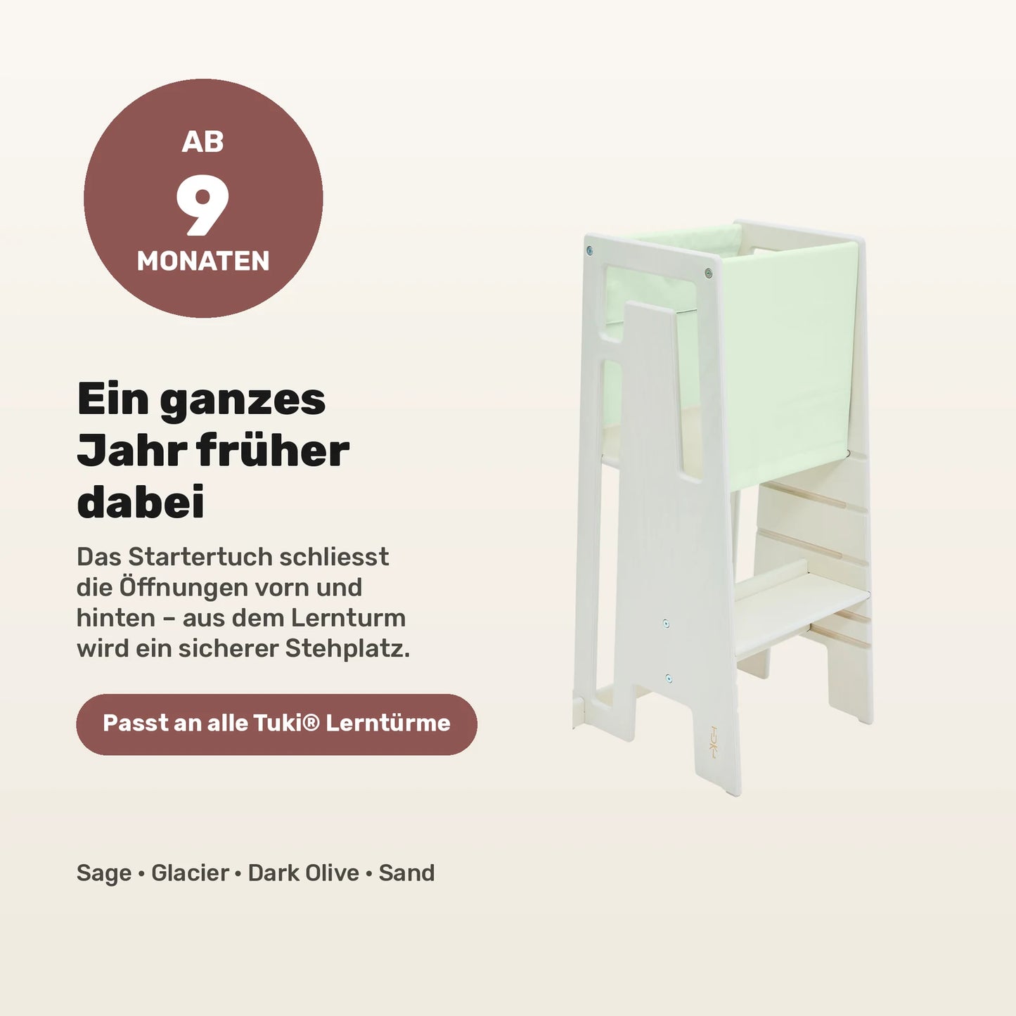 Tuki Startertuch am Lernturm: schliesst die Oeffnungen vorn und hinten, nutzbar ab 9 Monaten