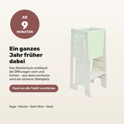 Tuki Startertuch am Lernturm: schliesst die Oeffnungen vorn und hinten, nutzbar ab 9 Monaten