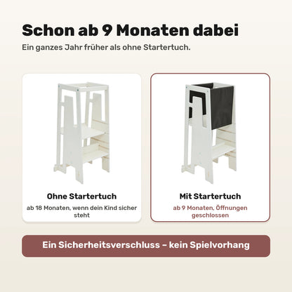 Lernturm mit und ohne Tuki Startertuch Dark Olive: nutzbar ab 9 statt erst ab 18 Monaten