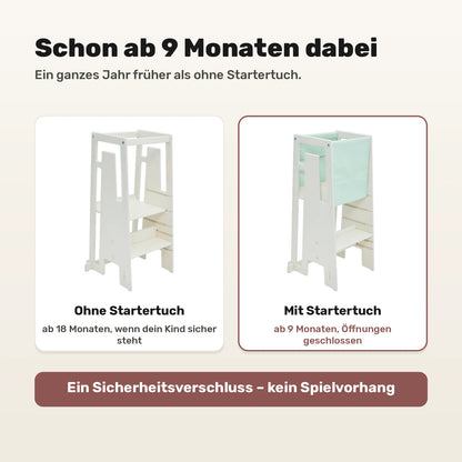 Lernturm mit und ohne Tuki Startertuch Glacier: nutzbar ab 9 statt erst ab 18 Monaten