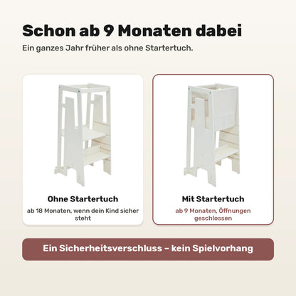 Lernturm mit und ohne Tuki Startertuch Sand: nutzbar ab 9 statt erst ab 18 Monaten