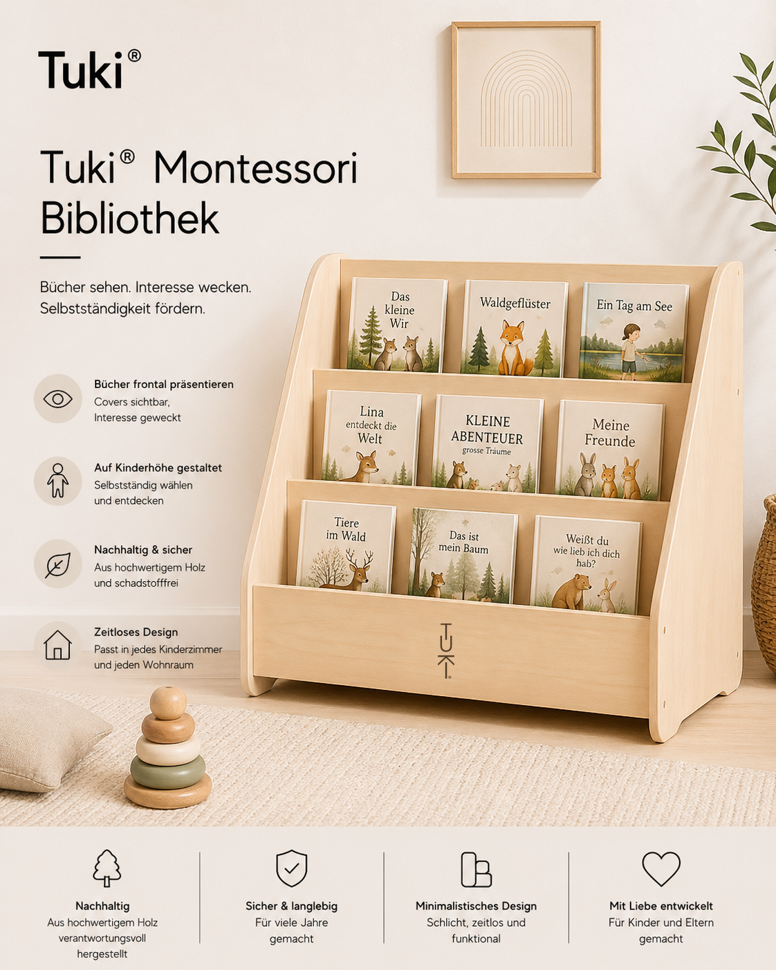 مكتبة مونتيسوري Tuki في غرفة الأطفال – نظرة عامة على المزايا: عرض أمامي، بارتفاع الطفل، مستدام، تصميم خالد